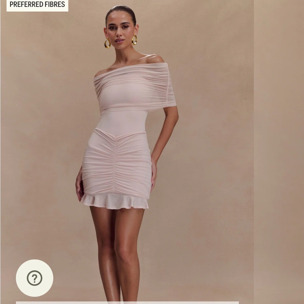 Meshki Blush Pink Off-Shoulder Ruched Mini Dress